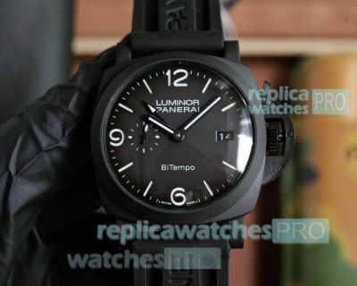 Copy Panerai Luminor BiTempo Men 44mm Black Dial Black Rubber Strap Automatic Movement Watch